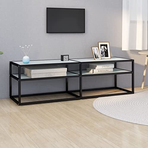 Frdhee Meuble TV - Blanc - Aspect marbre - 140 x 40 x 40,5 cm - Verre trempé - Pour salle à manger, chambre à coucher et salle de divertissement