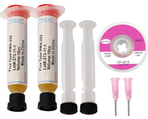 FUHAMJ 2 Pezzi Flussante per saldatura a stagno Con Treccia Dissaldante 1.5 Metri, 10ML Flussante No-Clean Senza Piombo a base di Rosin, per Saldatura di Telefoni, BGA, SMD, PCB, Ecc