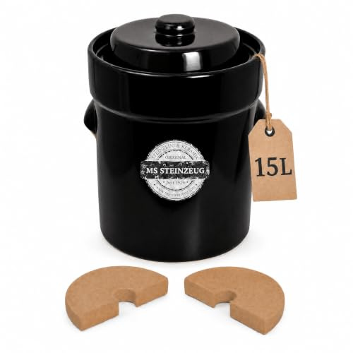 MS-Steinzeug Gärtopf 15 L, Braun, Sauerkrauttopf mit Beschwerungssteinen | Fermentiertopf aus Steinzeug mit Deckel - mit Rezepten für Sauerkraut, Gurken & Bohnen - ohne Chemie, natürlich fermentieren