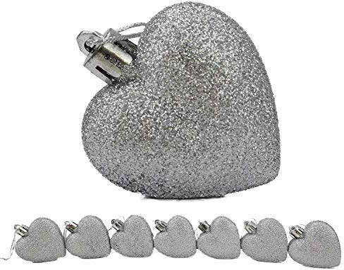 Toyland® 8 x 5cm SILVER Glitter + Matt Heart Shaped Christmas Tree Baubles