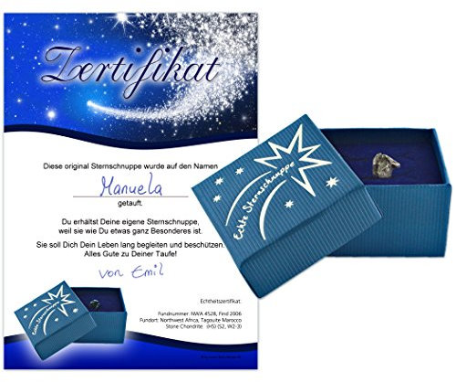 Geschenke mit Namen Echte Sternschnuppe in Geschenkbox mit Widmung zur Taufe - Meteorit mit Echtheitszertifikat und Taufzertifikat, 21 x 3.5 x 15 cm, blau