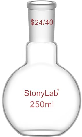 StonyLab Borosilicate Glass Heavy Wall Single Neck Flat Bottom Boiling Flask, with 24/40 Standard Taper Outer Joint, 250ml