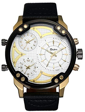 JewelryWe Herren Armbanduhr DREI Zeitzone Analog Quarz Uhr schwarz Leder Band Sportuhr mit weißem Zifferblatt