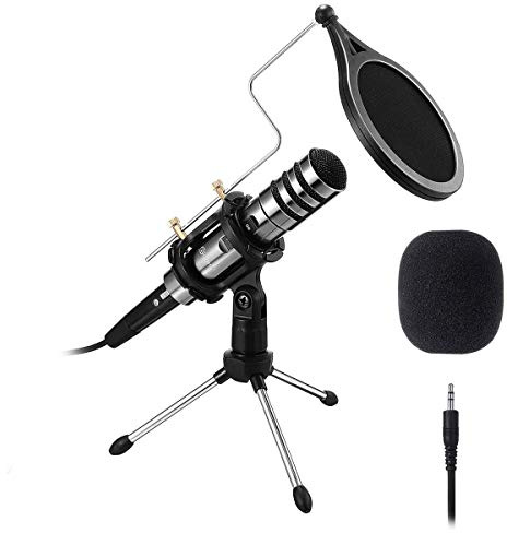 EIVOTOR Microphone PC, Micro Professionnel à Condensateur Jack 3,5 mm avec Support de Trépied de Bureau Portable Plug & Play pour PC Ordinateur Radio Podcasting Chant Youtube Skype Jeux Videos