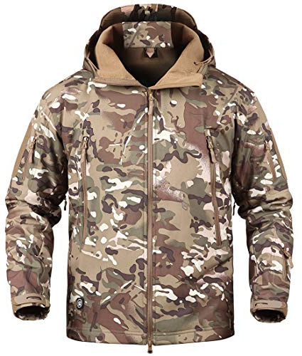 Donhobo Mens Military Tactical Breathable Waterproof Softshell Fleece Camo Hunting Jacket with Hood