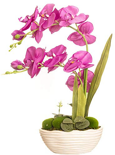 YSZL Große künstliche Orchideen-Pflanze, Seidenblumen-Arrangement mit Keramikvase, Violett / Rot