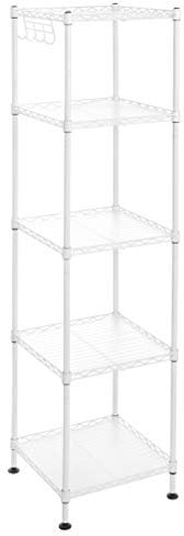 SONGMICS Badezimmerregal, Standregal, Metallregal, bis 100 kg belastbar, mit 5 PP-Platten, abnehmbare Haken, 30 x 30 x 123,5 cm, erweiterbar, für kleine Räume, weiß-transparent LGR023W01