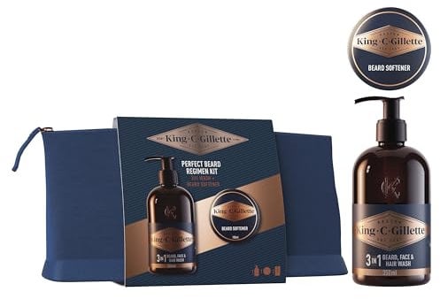 King C. Gillette Bart-Set, perfekt für einen duftenden Bart jeden Tag, mit Reisetasche, 3-in-1-Bart- und Gesichtsreiniger 350 ml und Bartbalsam 100 ml