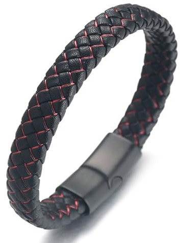 HALUKAKAH ● Nightwatch ● Men's Genuine Black Leather Titanium Bracelet Red Cord 8.46(21.5cm) Magnetic Clasp with Free GIftbox