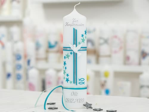 meinkerzenshop Konfirmationskerze - OLLI Junge oder Mädchen mit Name und Datum, individuell, persönlich u. handgemacht 17557