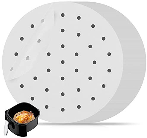 100 Stück Backpapier für Heißluftfritteuse, 21,6cm Backpapier Airfryer Antihaftbeschichtetes Perforiert Luftfritteuse Pergamentpapier für Bambusdämpfer, Backen, Dämpfen von Desserts - Weiß