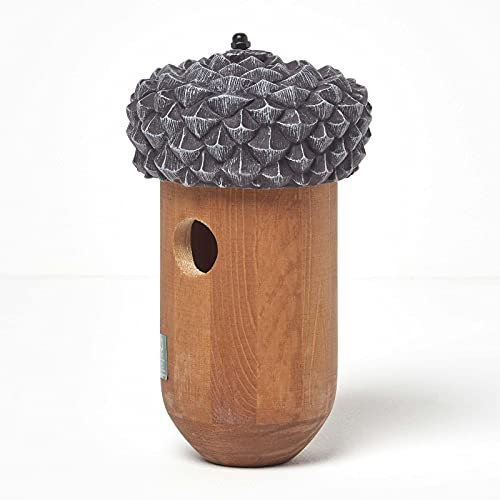 HOMESCAPES Acorn Shaped Bird House Solid Wood Nesting Box H 25 x W 14 cm Garden Bird Box for Fence or Trees Crafted from Treated Pinewood Ready Assembled
