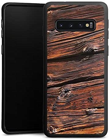 Premium Silikon Hülle kompatibel mit Samsung Galaxy S10 Handyhülle schwarz Case Holzoptik Holzbalken Holz