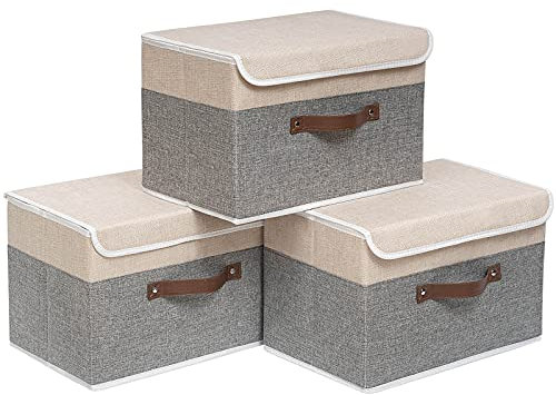 OUTBROS Large Collapsible Storage Box with Lid, Linen Fabric Wardrobe Storage Organiser, Storage Cubes For Towels, Clothes, 33 x 23 x 20 CM (Beige/Grey, 3-Pack)