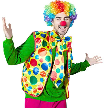 VKI® 5 Stück Clown Kostümzubehör, Faschingskostüme, Clown Weste, Clownsnasen Rot, Clown Perücke, Krawatte für Unisex Erwachsene, Halloween Kostümzubehör, Zirkus Requisiten, Karneval Cosplay