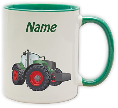 Texmacher Kindertasse - Becher mit personalisiertem Namen und Motiv - Spülmaschinenfest und beidseitig bedruckt (Trecker_Henkel&Innen_Dunkelgruen)