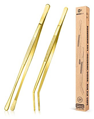 2 Pincettes de Cuisine, Pincettes en acier inoxydable 12'' pour aliments, Pincettes longues de Cuisine professionnelle en or pour cuisiner, réparer, les fruits de mer et le BBQ