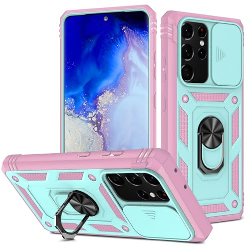 DAWEIXEAU Coque Galaxy S21 Ultra,Antichoc Support Protection Housse avec Lentille Coulissante Couverture Étui pour Samsung Galaxy S21 Ultra/S21 Ultra 5G (Vert Rose)