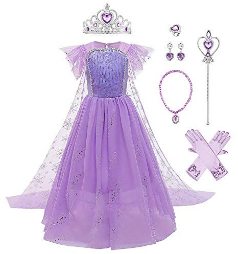 FYMNSI Filles Elsa Costumes Reine des Neiges Princesse Robe avec Accessoires Cape Noël Halloween Déguisement Carnaval Cosplay pour 2-10 Ans, Violet + accessoires, 5-6 ans