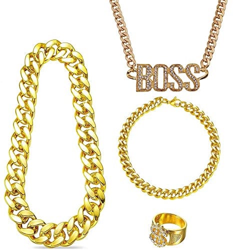 GIGIIS BOSS Halskette Dollar Ring 4 Stück Hip Hop Halsketten und Ring Gold Armbänder Hiphop Rapper Punk Gold Kette Goldring für 70er 80er 90er Jahre Fasching Accessoires Mottoparty