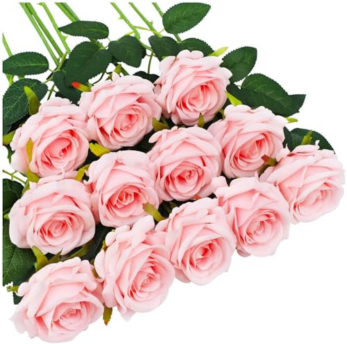 Voumanillor Künstliche Rosen, künstliche Rosen, echt aussehende Seide, künstliche Blumen mit langem Stiel, Blumensträuße für Zuhause, Party, Tafelaufsatz, Valentinstag, Dekoration, Rosa, 12 Stück