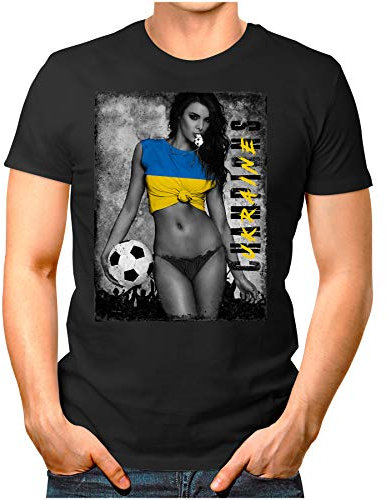 OM3 - Ukraine-Champions - Herren T-Shirt mit Länderflagge Ländershirt Fan Sexy Girl Frau Fußball Trikot Ukrajina Vintage Schwarz S