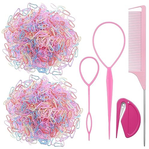 2000 Stück Kleine Haargummis, Mädchen Farbe Mini Haargummis,Elastisch Haar Band mit Haargummis Cutter,Haarschwanz-Werkzeuge,Stielkamm Rosa