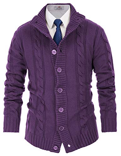 PJ PAUL JONES Cardigan da uomo con chiusura a bottoni, motivo a treccia, con colletto alto a coste, per autunno e inverno, Lilla, 3XL