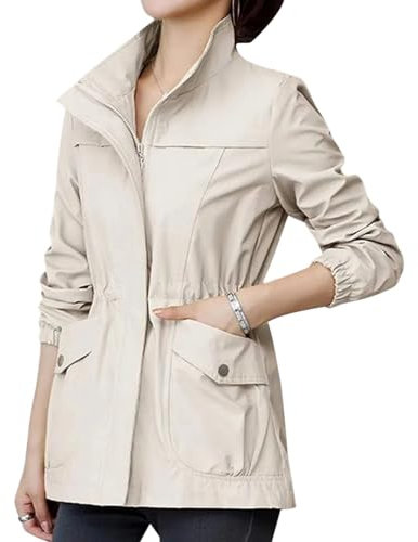 shownicer Veste Femme Trench-Coat Coupe Vent d'Extérieur Léger et Respirant Chic et Élégante Veste de Blouson Rétro Manteau Trench Col en Revers Printemps Automne avec Cordon A Beige XXL