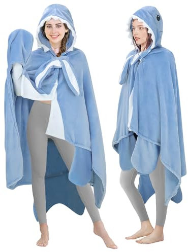 MSISILY Shark Blanket, Tragbare Decke mit Ärmeln und Kapuze, Flanell Kuscheldecke Flauschig, Hai Decke Geschenk für Frauen Damen Kinder