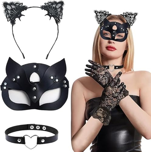 Seasboes Maske Damen, 3 Stück Cat Women Maske, Kostüm Damen, Katzenmaske, Katzen Stirnband, Halskette,Cat Woman Mask für Karneval Valentinstag Maskerade Kostüm Party Nachtclub