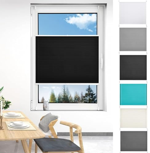 Thermo Plissee Ohne Bohren 80 x 170 cm Verdunklungsplissee Lichtundurchlässig Faltrollo Fensterrollo Inkl. Aller Montage-Teile für Schlafzimmer, Schwarz