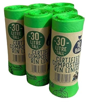 Eco Green Living Sacs Poubelles sans Plastique, Conçus pour se Décomposer Naturellement, Poubelles Solides et Étanches, 30 Litres, 18 Sacs, Paquet de 6