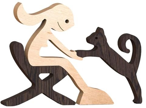 Dualoai Holzfiguren Handgefertigte Holzskulptur:Welpen und Menschen Desktop-Dekoration Holz Schnitzerei Ornamente Stil A