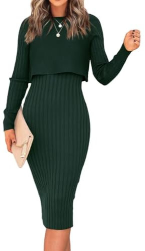 LACOZY Womens Crewneck Long Sleeve Elegant Sexy Bodycon Midi Dress Ribbed Knit 2 Pieces Plain Outfits Winter Tank Sweater Green L
