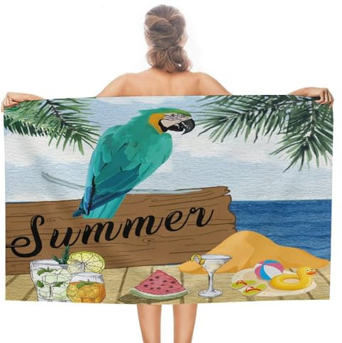 Badetuch für den Sommer, Papageien, Vogel, saugfähig, 78,9 x 130,9 cm, vorgewaschene Mikrofaser, Picknick-Bad, Pool, Yoga, Handtücher, süßes Bier, Bar, Club, Glas, Papagei, Erwachsenen-Badetuch,