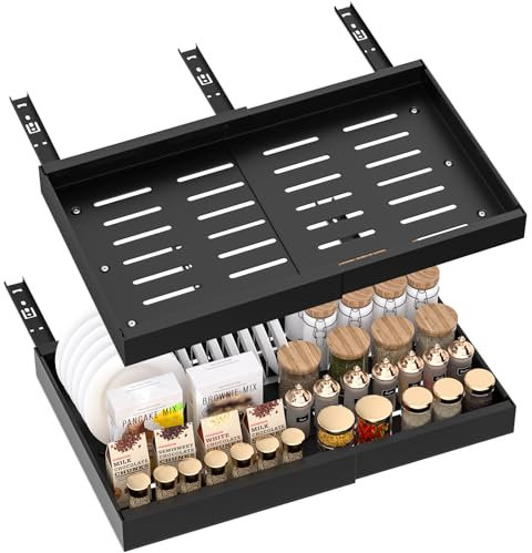 BLYLUND Pull Out Cabinet Organiser Kitchen Storage Extendable Slide Out Pantry Drawer Shelves Adjustable Width with Adhesive Film for Cupboard Bathroom No Need Drill Sliding Organizer Black 1 Pack