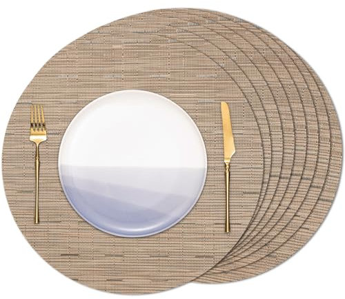 Banchif Tischsets Rund, Tischsets Abwaschbar 8er Set Platzdeckchen PVC Rund rutschfest Platzsets Abwischbar Gewebte Vinyl Platzsets Durchmesser 38 cm, Braun