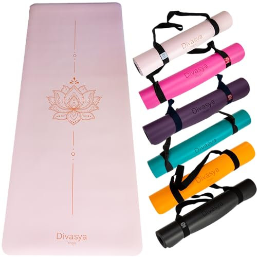 DIVASYA Premium Yogamatte rutschfest: Naturkautschuk rutschfest & japanische professional grip Oberfläche | großzügige Maße 185x68x0,45cm | Tragegurt |4,5mm dicke Yoga Matte rutschfest (Pastell Pink)