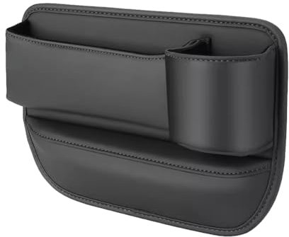 Car Leather Cup Holder Gap Bag, Car Seat Gap Filler Organizer, Universal Car Seat Gap Storage Box with USB Charging Hole, for Phones, Glasses, Keys, Cards (Black, Passenger Side)