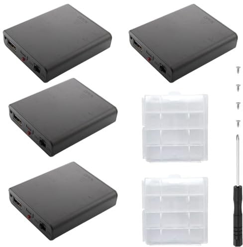 VISSQH 4 pcs AA battery holder,4 x 1.5V AA Plastic battery holder housing with built-in USB socket and ON/OFF switch and cover(Black)