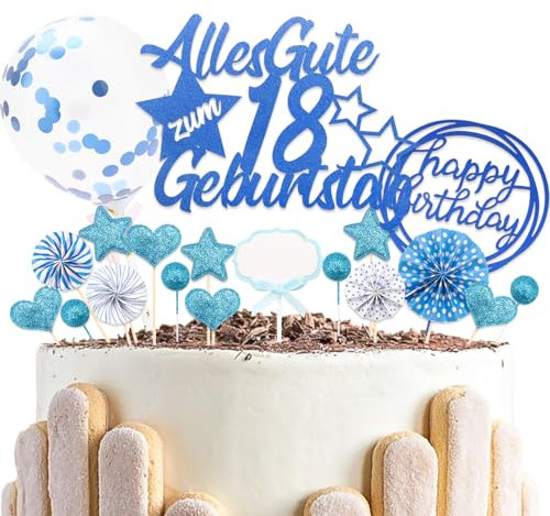 DazzJoy 23 Stk Blau Cake Topper 18. Geburtstag Topper, Glitter Tortendeko mit Geburtstagskerzen