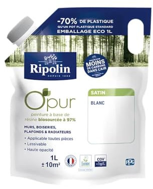 RIPOLIN Poche de peinture Murs, Boiseries, Radiateurs OPur Satin Blanc 1 L