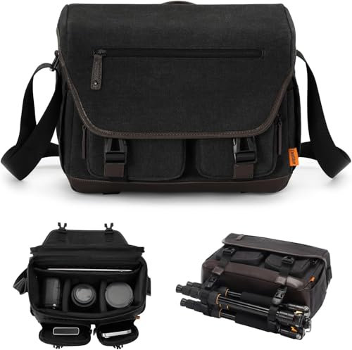 Cwatcun Kameratasche,Kamera Messenger Tasche für Fotografie mit Stativhalter, DSLR/SLR/Spiegellose Kamera Tasche Professionell, Kamera Umhängetasche Kompatibel mit Canon/Nikon/Sony,M