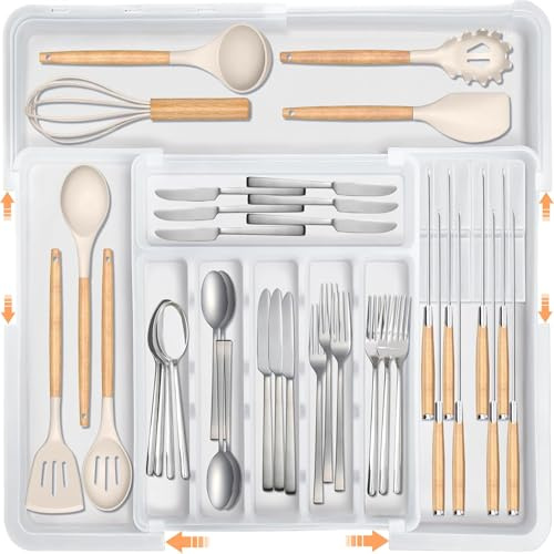 ZHUIYIWIN Cutlery Drawer Organiser, Expandable Kitchen Drawer Organiser, Expandable Utensil Tray with 2 Removable Knife Blocks, Utensil Organiser for Multipurpose Kitchen Storage (White-L)