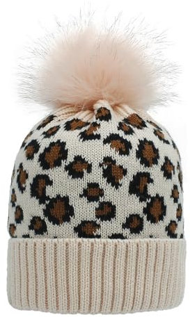 BrightGlow Mütze mit Leopardenmuster Wintermütze für Damen Beanie-Mütze mit Tierdruck Leopard Print Strickmütze Bommelmütze Damen Acryl-Strickmütze Totenkopf-Mütze Rosa Einheitsgröße