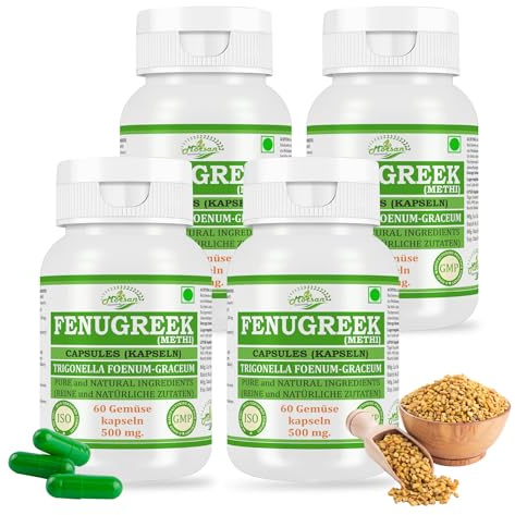 Fenugreek (Trigonella Foenum Graceum, Methi) Capsules | 500 mg. - 10:1 Potent Extract | Ayurvedic Herbal Supplement | 60 Vegan Capsules for Men & Women (Pack of 4 Bottles)