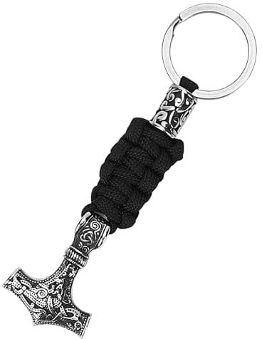 Philo Fun Wikinger Schlüsselanhänger - Mjolnir Paracord Design Edelstahl Thors Hammer Anhänger Schlüsselanhänger, nordisches heidnisches Geschenk für Männer, schwarz / silber, 5.2-Inch Long