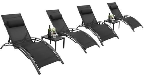 LIFERUN Set di 4 lettini prendisole in alluminio, Lettino da Giardino, con Tavolo e Cuscino Poggiatesta, Resistenti alle intemperie, Schienale regolabile in 5 posizioni, Adatto per giardini, piscine