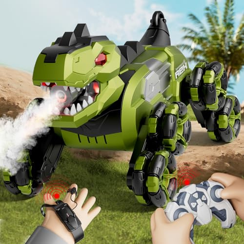 4DRC Y12 Dinosaurier Ferngesteuertes Auto, 8 Räder, Stunt Tyrannosaurus Rex RC Auto mit 2 Arten von Steuerung, LED-Licht, Spray, Musik, Gestenerkennung, RC Drift Cars Spielzeug, Geschenke für Kinder